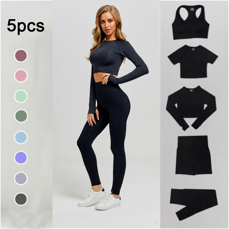 Seamless  Long Sleeve Fitness Crop Top 5PCS  yoga set/Workout Set