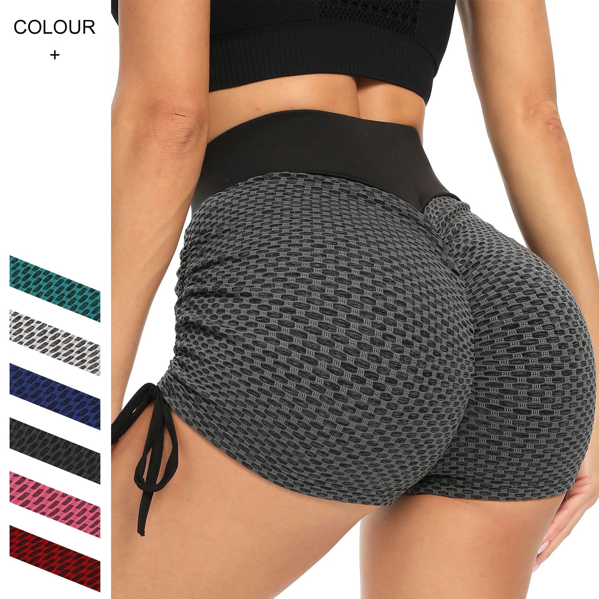 Hight waist, Booty Scrunch Bum, Athletic Cycling Drawstring Butt Lift Honeycomb Textured Shorts.