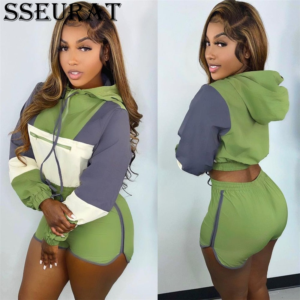 SSEURAT    Patchwork 2 Piece Shorts Work-Out Suit Set with Hoodie