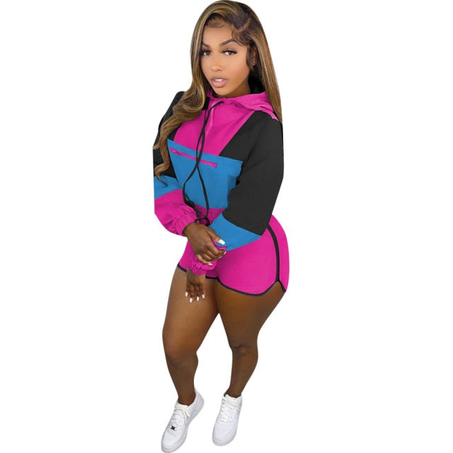 SSEURAT    Patchwork 2 Piece Shorts Work-Out Suit Set with Hoodie